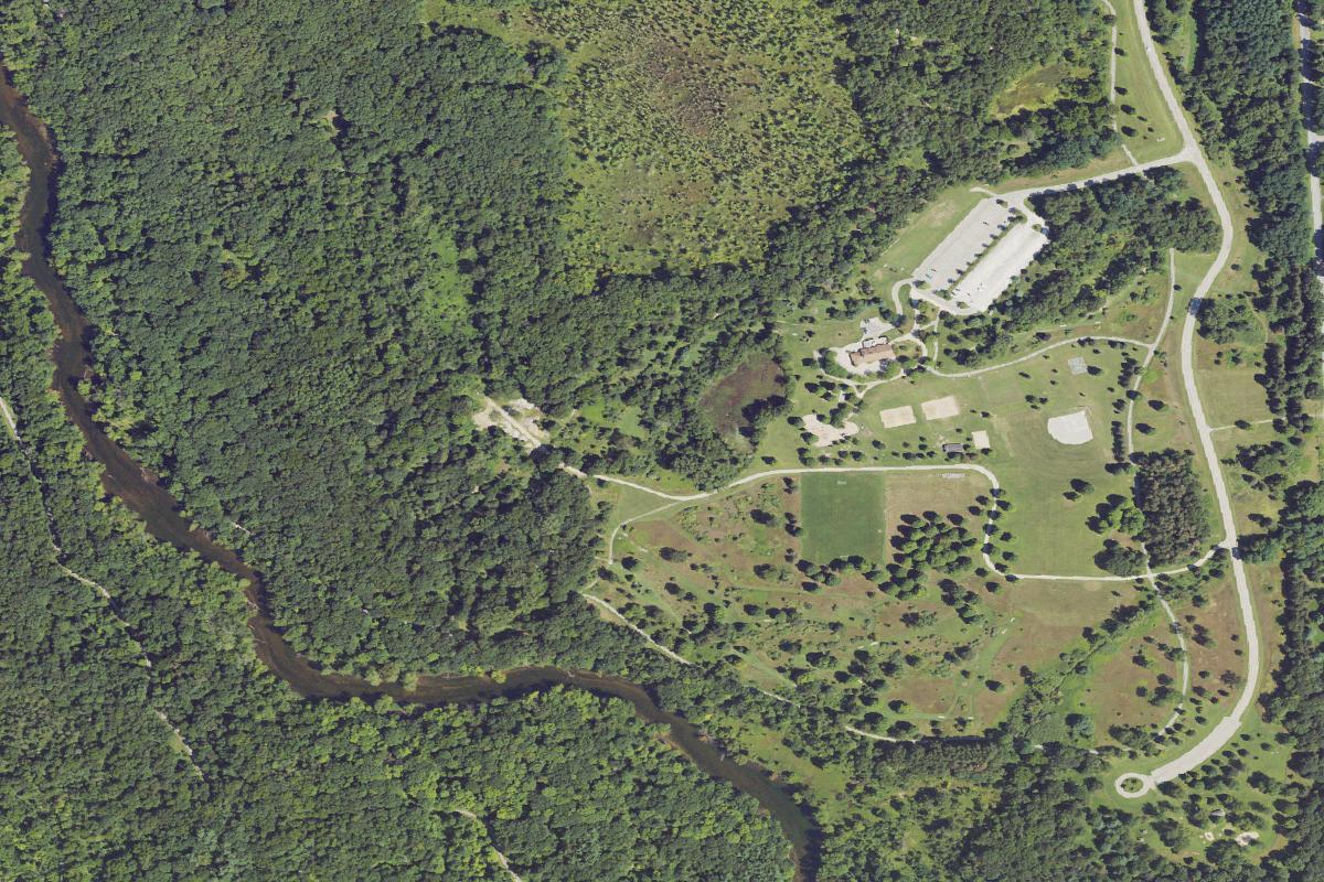 Aerial view of Hudson Mills Metropark Original Disc Golf Course